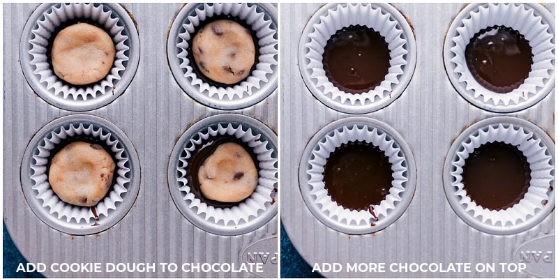These best ever Cookie Dough Cups are made by loading edible cookie dough in a miniature muffin tin and covering it with melted chocolate -- it ends up kind of like a Reese'sยฎ Peanut Butter Cup but with cookie dough instead of PB!ย Recipe via chelseasmessyapron #dessert #best #quick #easy #simple #chocolate #snack #favorite #cookie #dough #cookiedough #cups Process shots: layering chocolate and cookie dough