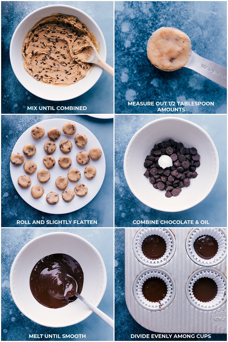 These delicious Cookie Dough Cups are made by loading edible cookie dough in a miniature muffin tin and covering it with melted chocolate -- it ends up kind of like a Reese'sยฎ Peanut Butter Cup but with cookie dough instead of PB!ย Recipe via chelseasmessyapron #dessert #best #quick #easy #simple #chocolate #snack #favorite #cookie #dough #cookiedough #cups Using cookie dough to make Cookie Dough Cups.