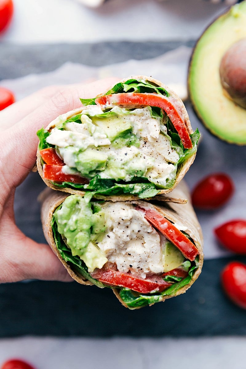 Our absolute favorite chicken salad made in wrap form Chicken Salad Wrap cut open to show the interior.