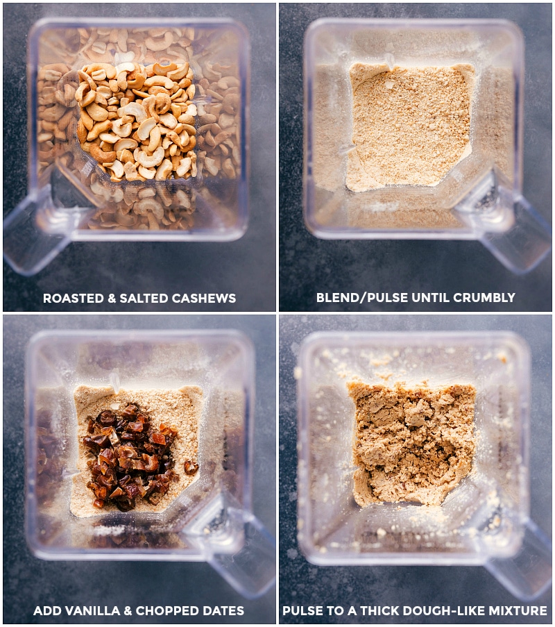 These No-Bakeย Energy Bites are easy to make -- only four ingredients and less than 15 minutes prep time, plus no oven or microwave needed! These bites are made to taste like indulgent edible cookie dough but instead of sugar and butter, we're using nutritious ingredients. Recipe via chelseasmessyapron #snack #best #quick #easy #simple #best #chocolate chip #healthy #protein #nobake #energy #bites Process shots-- blending the cashews and dates