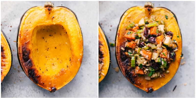 We're obsessed with this Stuffed Acorn Squash! It This delicious dinner starts with perfectly roasted and slightly caramelized acorn squash which gets loaded up with seasoned wild rice, tender sweet potatoes, crisp green apples, and more! This is nutritious warming comfort food at its best! Recipe via ChelseasMessyApron #dinner #fall #quick #easy #simple #clean #best #sweetpotato #stuffed #acornsquash Process shots--roasted acorn squash halves; squash filled with stuffing
