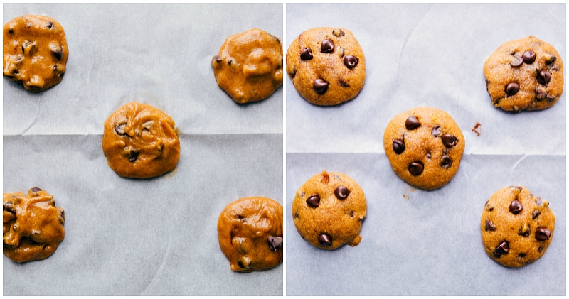 Baking and Enjoying Freshly Baked Pumpkin Cookies Cookie dough balls arranged on a baking sheet and freshly baked cookies right out of the oven.
