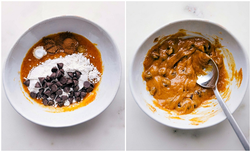Preparing Small Batch Pumpkin Cookies: Mixing Dry Ingredients and Chocolate Chips Adding and mixing dry ingredients and chocolate chips for the small batch pumpkin cookies.