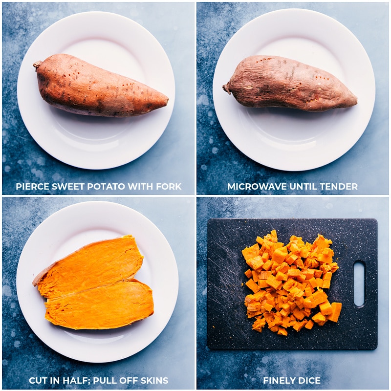 This delicious Stuffed Acorn Squash starts with perfectly roasted and slightly caramelized acorn squash which gets loaded up with seasoned wild rice, tender sweet potatoes, crisp green apples, and more! This is nutritious warming comfort food at its best! Recipe via ChelseasMessyApron #dinner #fall #quick #easy #simple #clean #best #sweetpotato #stuffed #acornsquash Process shots-- pierce the sweet potato with a fork; microwave until tender; cut in half and pull off skins; dice finely