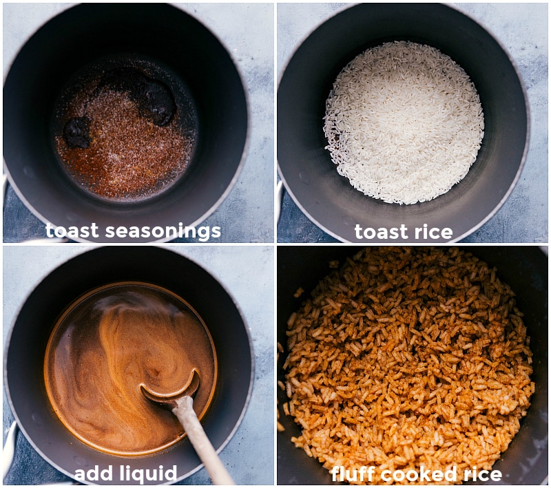 Preparing Healthy Burritos: Toasting Seasonings, Rice, and Cooking Toasting the seasonings, toasting the rice, adding liquids, and fluffing the cooked rice.