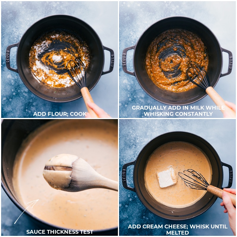 Ultra cheesy, slightly spicy, jalapeño and bacon covered pasta with a crispy buttery topping gets baked to pure cheesy perfection! Recipe via ChelseasMessyApron #dinner #quick #easy #simple #best #panko #familyfriendly #kidfriendly #comfortfood #jalapeno #popper #Macandcheese Process shots of the jalapeño Mac and cheese-- images of the flour, milk, and cream cheese being added and all mixed together