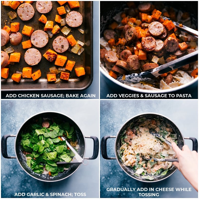 Sweet Potato Pasta with roasted and seasoned sweet potatoes, onions, & chicken sausage. The pasta and veggies are tossed in an unforgettable creamy goat cheese sauce and topped with Parmesan. Recipe via ChelseasMessyApron #dinner #quick #easy #simple #best #bowtie #sausage #sweetpotato #pasta Process shots-- images of the veggies being roasted and then being added to the dish and tossed with the garlic, spinach, and cheese