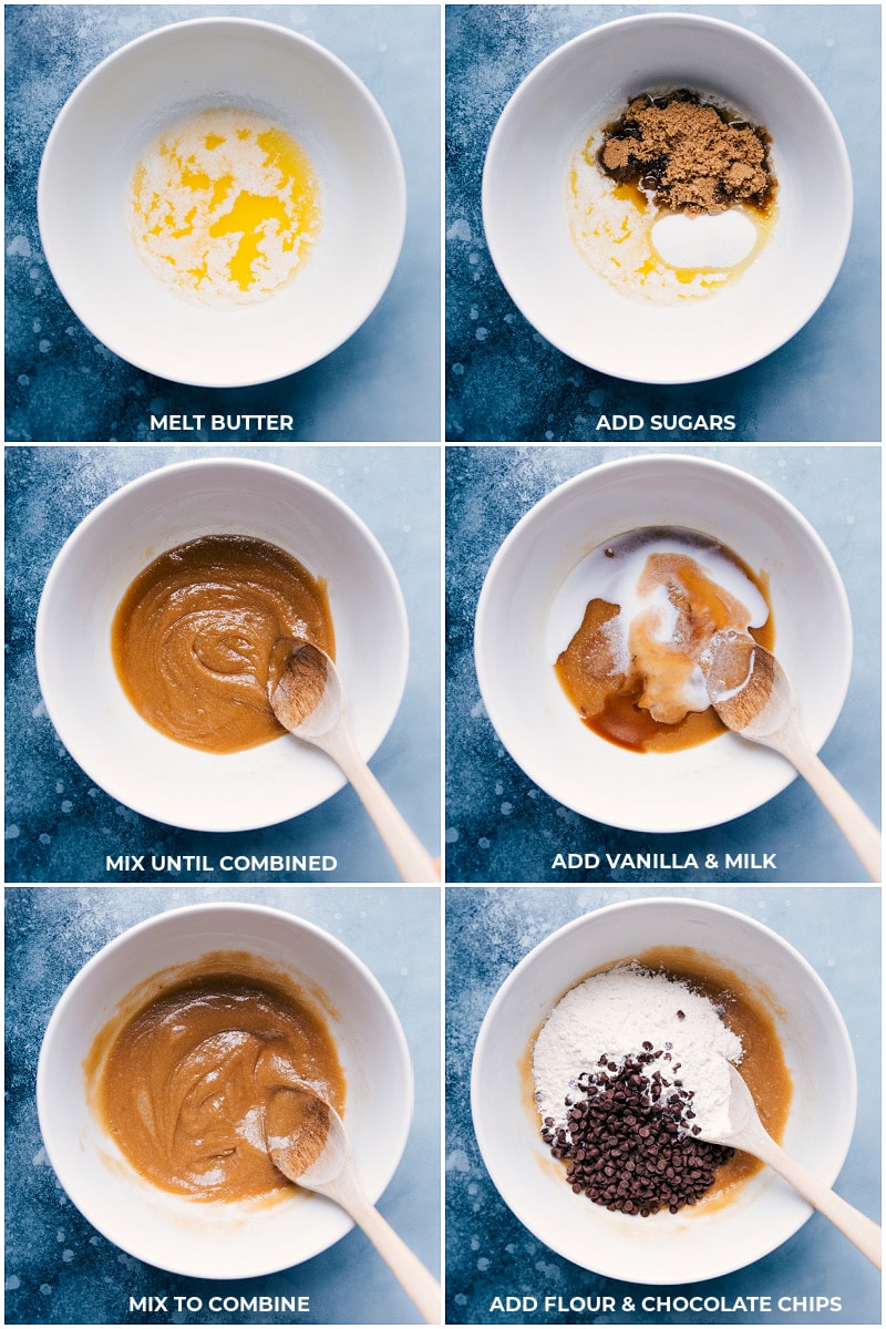 These Cookie Dough Cups are made by loading edible cookie dough in a miniature muffin tin and covering it with melted chocolate!ย Recipe via chelseasmessyapron #dessert #best #quick #easy #simple #chocolate #snack #favorite #cookie #dough #cookiedough #cups Process shots: making edible cookie dough