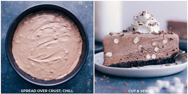 Tickle their taste buds with this Frozen Hot Chocolate Cheesecake! It's an ice cream, cheesecake-flavored pie with an Oreo crust, mini marshmallows, and swirls of marshmallows mixed throughout--and it only LOOKS complicated to make! Recipe via ChelseasMessyApron.com #cheesecake #frozen #hotchocolate #coolwhip #oreocrust #oreos #easy Process shots: Spread filling over the crust; chill; cut and serve