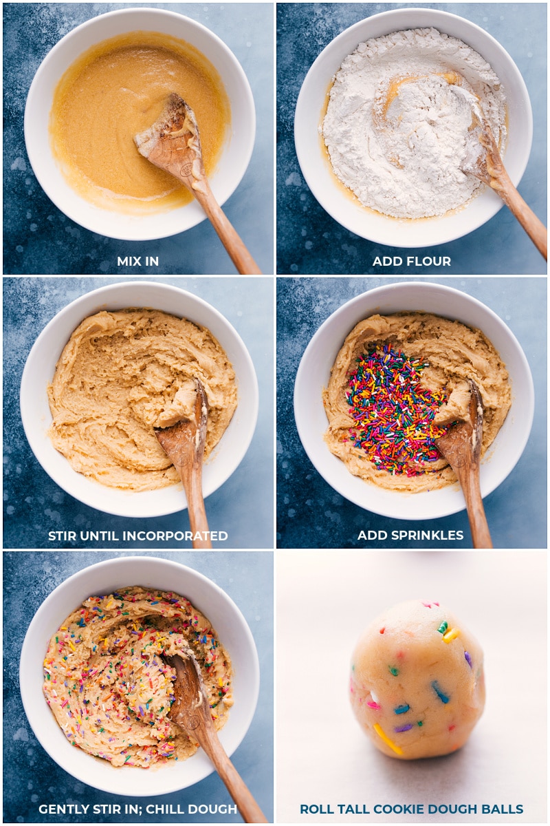 Adding Sprinkles To The Dough And Rolling Out Balls Flour and sprinkles being mixed into dough and rolled into balls to chill for this Funfetti Cookie Recipe.