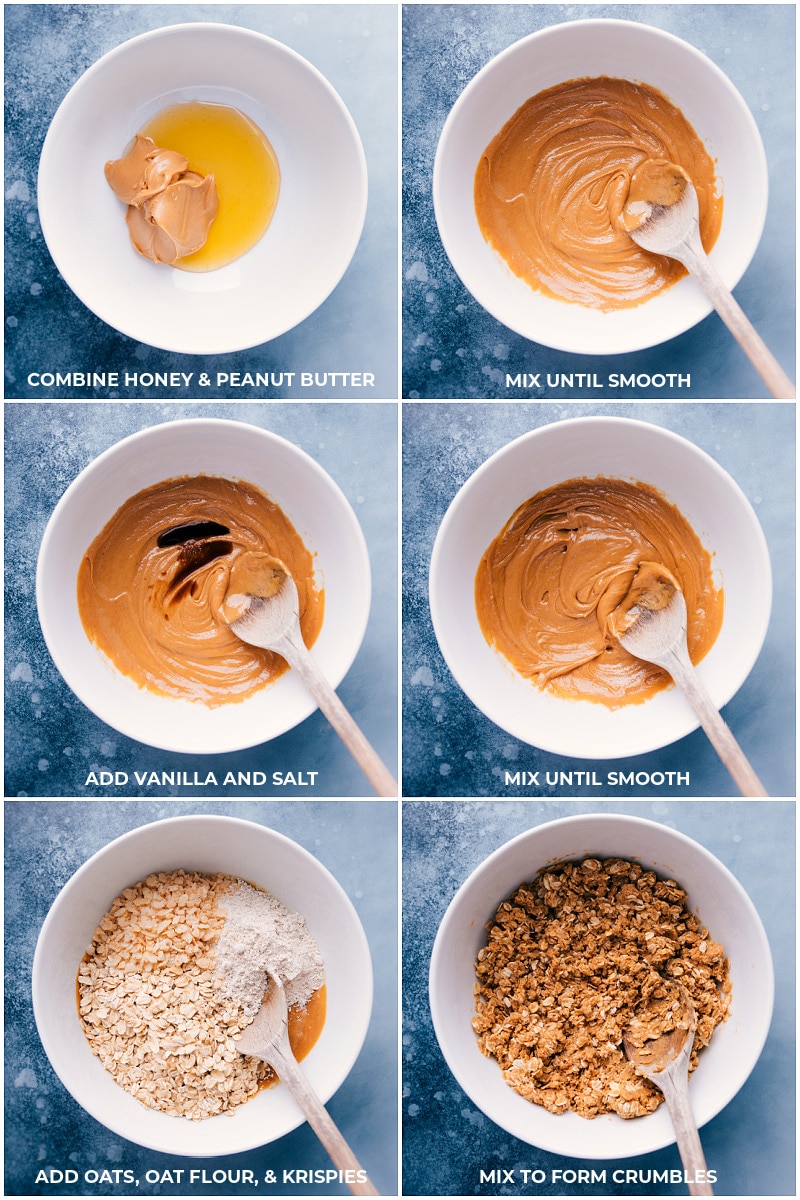 No-Bake Granola is an easy-to-make and healthy snack that takes less than 10 minutes to prepare. And it doesn't even need to go in the oven! Recipe via chelseasmessyapron #snack #best #quick #easy #simple #addins #almond #chocolatechips #cranberries #nobake #granola Process shots-- combining the ingredients for No-Bake Granola.