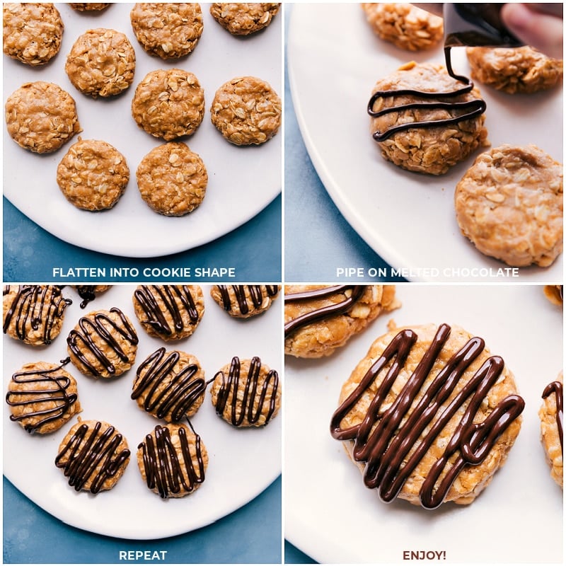 They're quick to make, require simple everyday ingredients, and are so tasty! Add an optional drizzle of chocolate on top and you'll be heaven with these breakfast cookies! Recipe via chelseasmessyapron #dessert #snack #healthier #best #quick #easy #simple #chocolate #oats #nobake #healthy #oatmeal #breakfast #cookies Process shots: Adding a chocolate drizzle to breakfast cookies