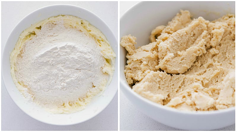 How To Make Thumbprint Cookies REcipe Flour being added to the dough and it all being mixed together for this thumbprint cookie recipe.