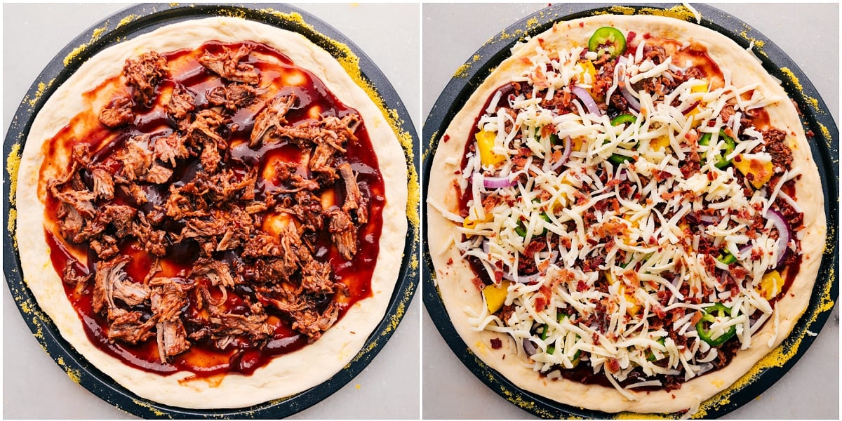 How To Make BBQ Chicken Pizza All the ingredients being layered onto the dough to be baked for this BBQ chicken pizza recipe.