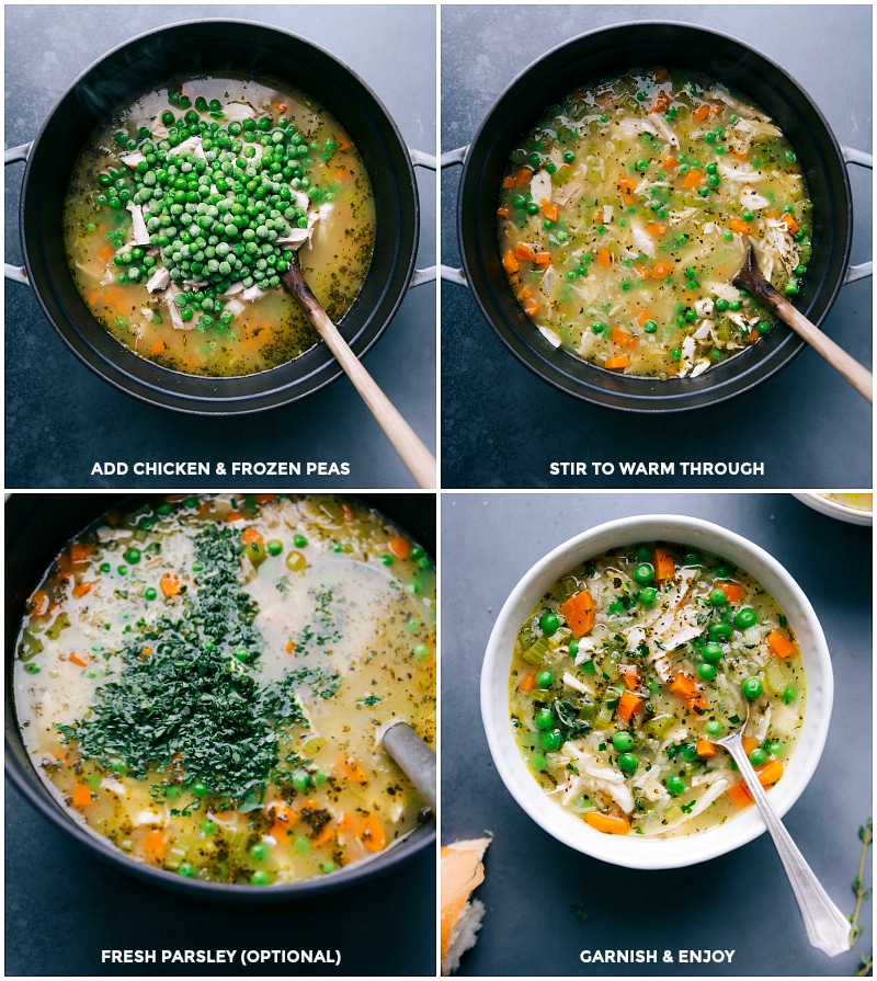 Completing Chicken and Rice Soup: Adding Chicken, Peas, Parsley, and Serving Garnished in a Bowl Adding chicken, peas, and parsley to the soup, with the finished chicken and rice soup recipe served in a bowl and garnished.