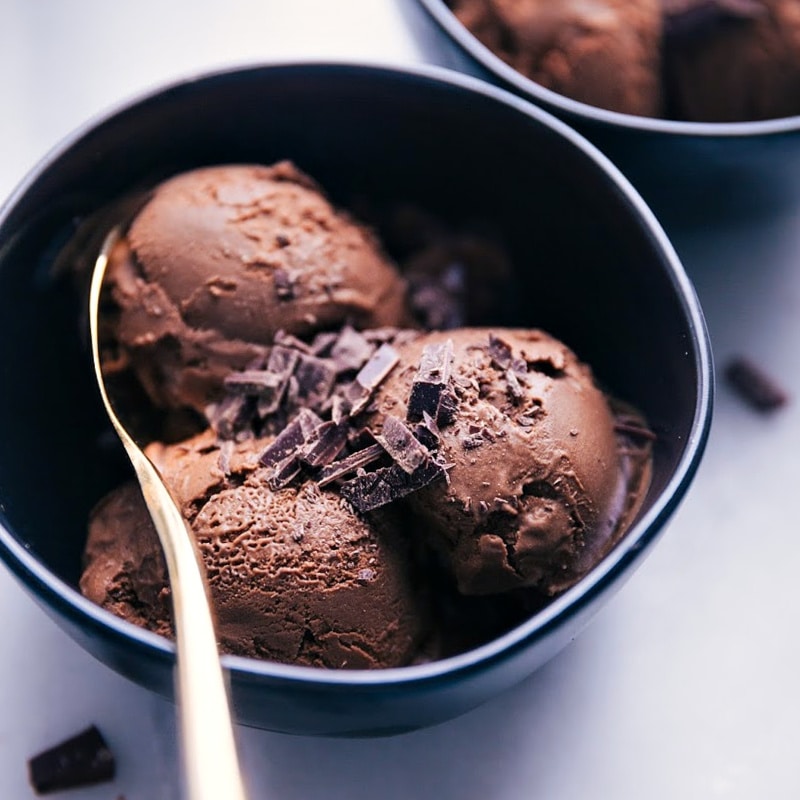 You can still enjoy chocolate ice cream while eating more nutritiously. Recipe via Chelseasmessyapron.com #dessert #best #quick #easy #simple #lowcalorie #clean #whole #chocolate #sweetpotatoes #healthy #icecream Up close image of a bowl of the Healthy Ice Cream