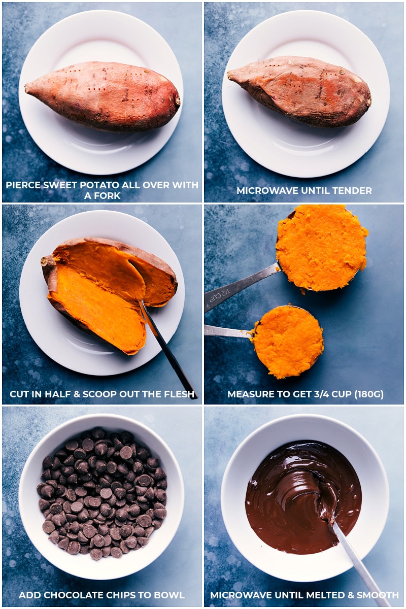 You'll never taste the sweet potatoes that go into this amazing Healthy Ice Cream! The absolute best Healthy Ice Cream made with wholesome, nutritious ingredients, and no frozen bananas! Recipe via Chelseasmessyapron.com #dessert #best #quick #easy #simple #lowcalorie #clean #whole #chocolate #sweetpotatoes #healthy #icecream Process shots of the sweet potatoes being prepped and the chocolate chips being melted
