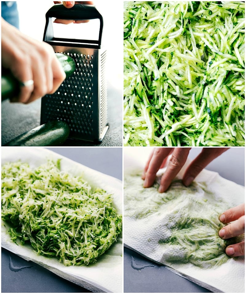 Preparing Zucchini for Muffins - Draining Excess Moisture Grating zucchini and spreading it out on paper towels, then blotting to absorb excess moisture.