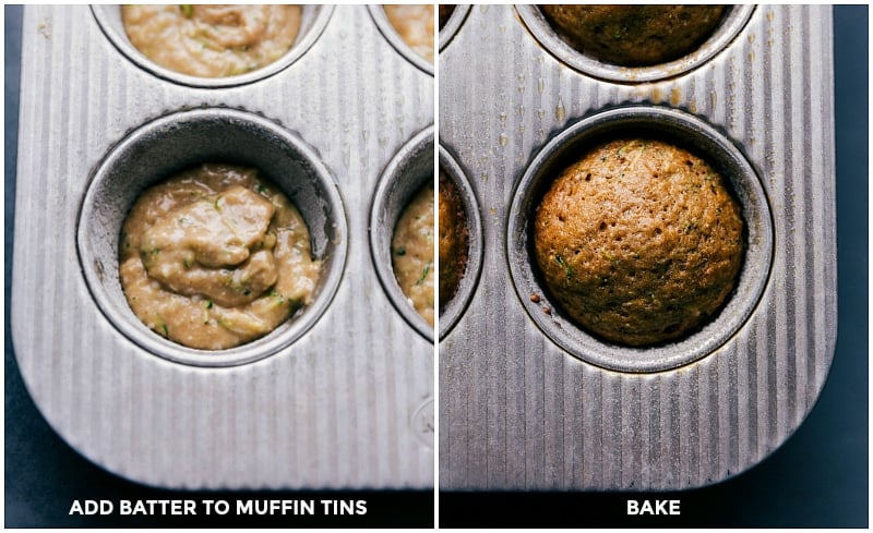 Zucchini Muffin Batter - Before and After Baking The finished batter for zucchini muffins healthy, placed in a muffin tin before and after baking.
