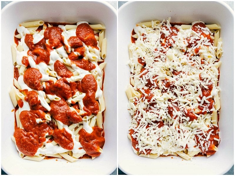Combining Pasta with Red and White Sauces and Topping with Mozzarella Cheese Pasta with red and white sauces being added, topped off with a generous sprinkle of mozzarella cheese.