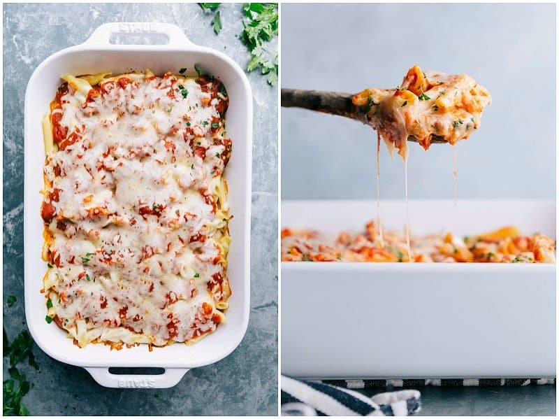 Finished Red and White Sauce Pasta Casserole - Melted Cheese and Fresh Herbs, Ready to Serve Finished casserole dish topped with melted cheese and fresh herbs, with a spoonful being taken out to showcase its delicious texture and flavor.