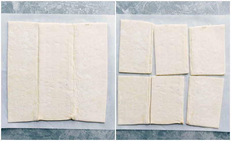 Mastering Puff Pastry: Slicing into Six Perfect Portions Puff pastry sheet being divided into six slices.
