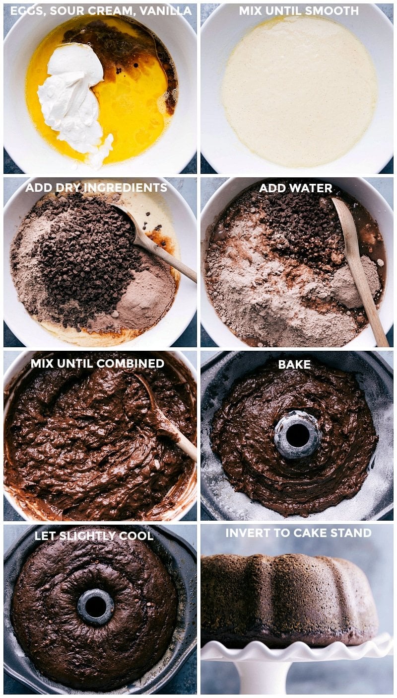 Creating Copycat Chocolate Bundt Cake from Scratch: Mixing, Pouring, and Baking Making copycat chocolate bundt cake from scratch: mixing wet and dry ingredients, pouring into a bundt pan, and baking.