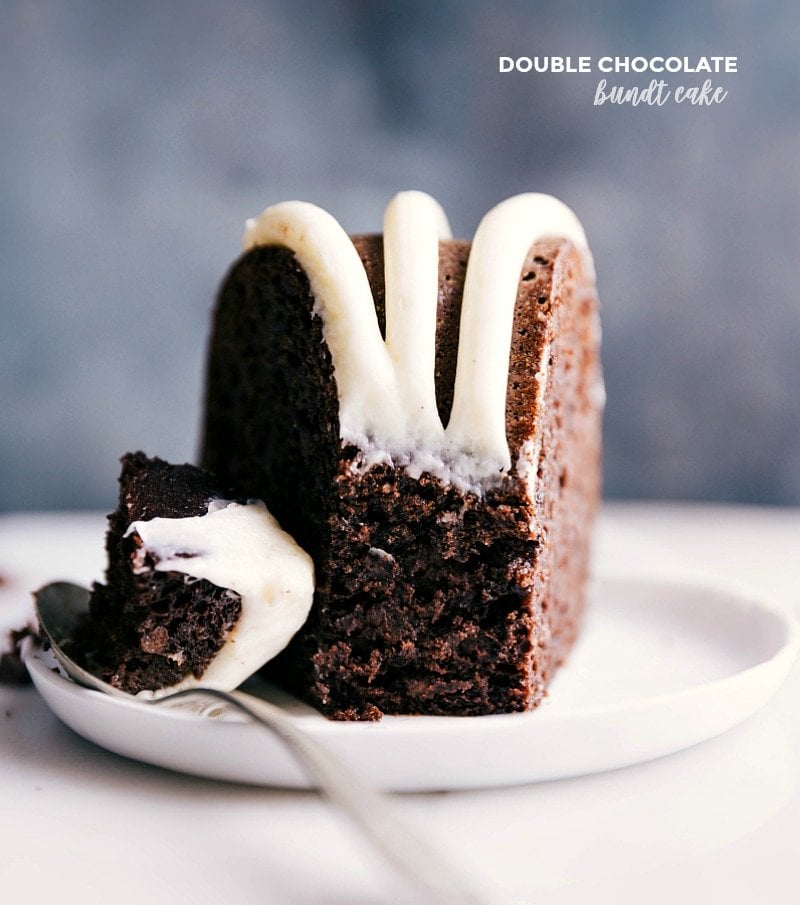 Indulgent Slice of Double Chocolate Bundt Cake Slice of luscious double chocolate bundt cake with a spoonful about to be enjoyed.