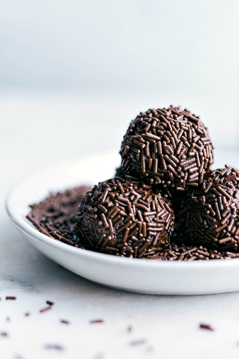 Ultra-chocolatey and fudgy Brigadeiros Ready-to-eat chocolate sprinkle-covered Brigadeiros.