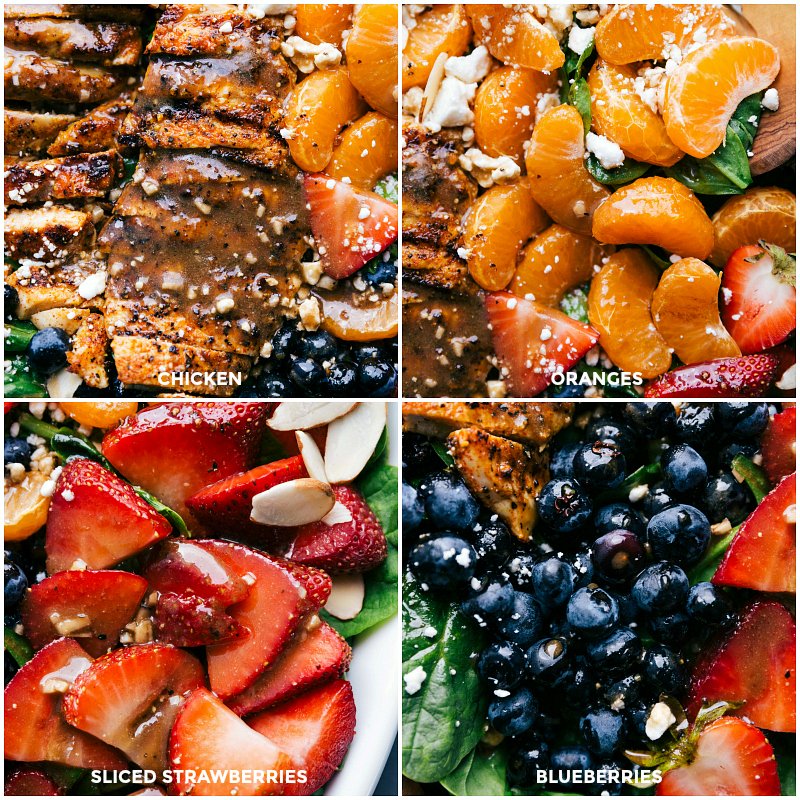 Detailing the Salad: Close-Up Shots of Dressed Chicken, Oranges, Strawberries, and Blueberries The chicken, oranges, strawberries, and blueberries, all beautifully dressed.