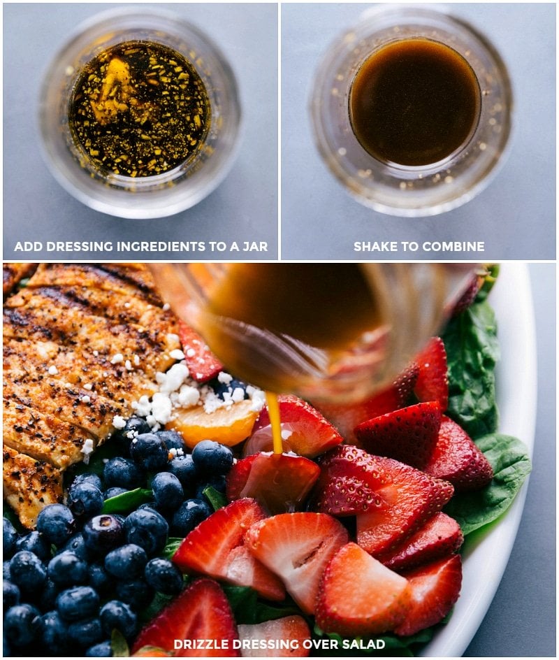 Crafting Balsamic Vinaigrette: From Jar Mixing to Salad Drizzling Preparation of balsamic vinaigrette: Ingredients added to a jar, shaken to combine, and drizzled over the fresh fruit and greens.