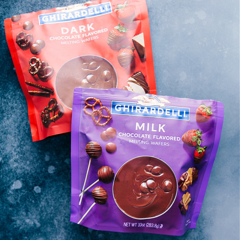 Chocolate-Covered Raspberries are so fancy looking, but couldnโt be simpler to make! Recipe via ChelseasMessyApron #dessert #best #quick #easy #simple #treat #valentines #cheesecake #stuffed #raspberries Overhead image of the chocolate used in this recipe