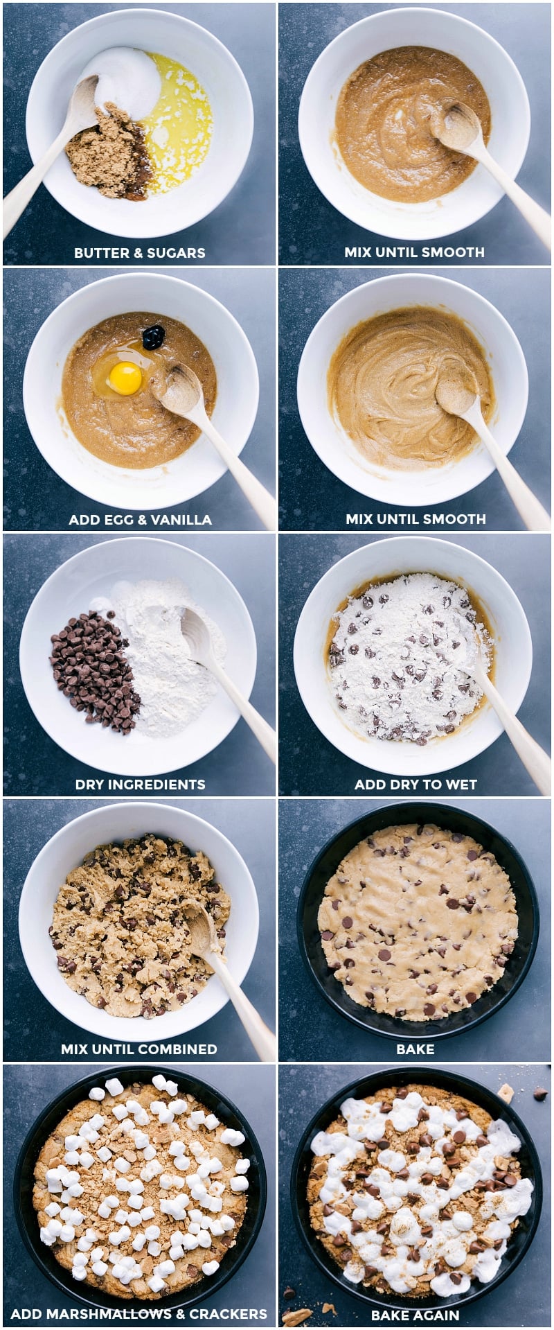 S'mores Pizookie Creation: From Cookie Dough Base to Topping with Marshmallows and Chocolate Making and baking the cookie dough base, followed by adding marshmallows and chocolate on top.