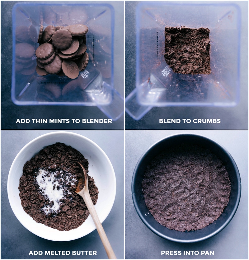 Creating Cheesecake Crust: From Blending Cookies to Pressing Crumb and Butter Mixture into Springform Pan Cookies in a blender transforming into crushed crumbs, with melted butter added, then pressed into a springform pan for crust formation.