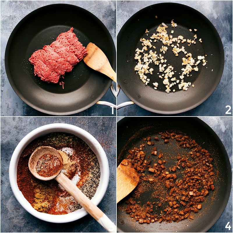 Seasoning Meat While Cooking in Pan Meat sizzling in a pan with seasonings being sprinkled on top.