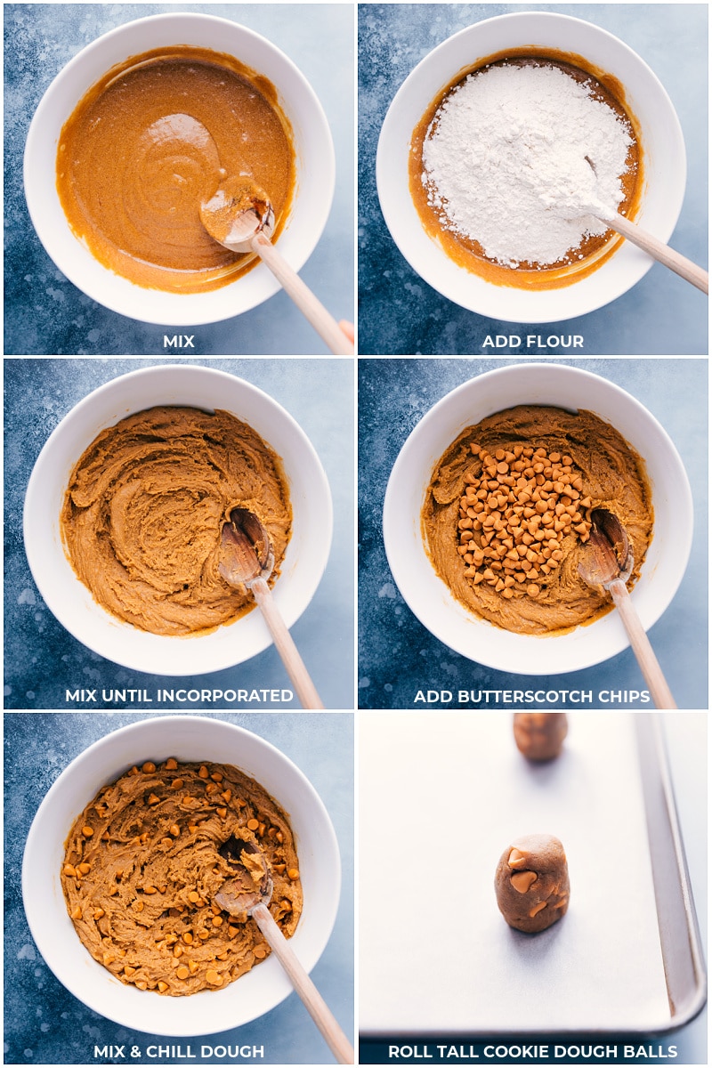 These cookies are loaded with butterscotch baking chips to further intensify their sweetness and flavor. Recipe via ChelseasMessyApron #dessert #best #quick #easy #simple #treat #chips #butterscotch #cookies Process shots: mixing ingredients and forming dough balls