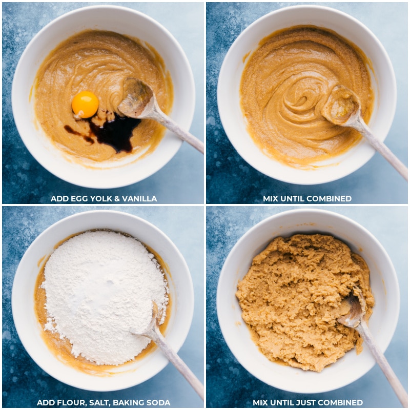 Big, soft and chewy, Caramel Stuffed Cookies with M&M's, chocolate chips, and an ooey-gooey caramel center! Recipe via ChelseasMessyApron #dessert #m&m #treat #best #quick #easy #simple #caramel #stuffed #cookies Process shots-- eggs and vanilla being added and mixed together; flour, salt, and baking soda being added and mixed together.