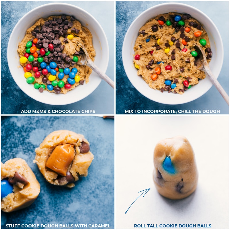 All the tips and tricks you need to make these taste (and look) like they're straight from a bakery! Recipe via ChelseasMessyApron #dessert #m&m #treat #best #quick #easy #simple #caramel #stuffed #cookies Process shots-- Images of the M&M's and chocolate chips being added into a bowl and mixed together; caramel being added into the center.