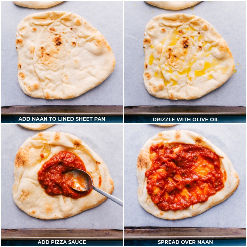 How To Make Flatbread Pizza Flatbread on a sheet pan with oil and pizza sauce spread on naan for flatbread pizza recipe.
