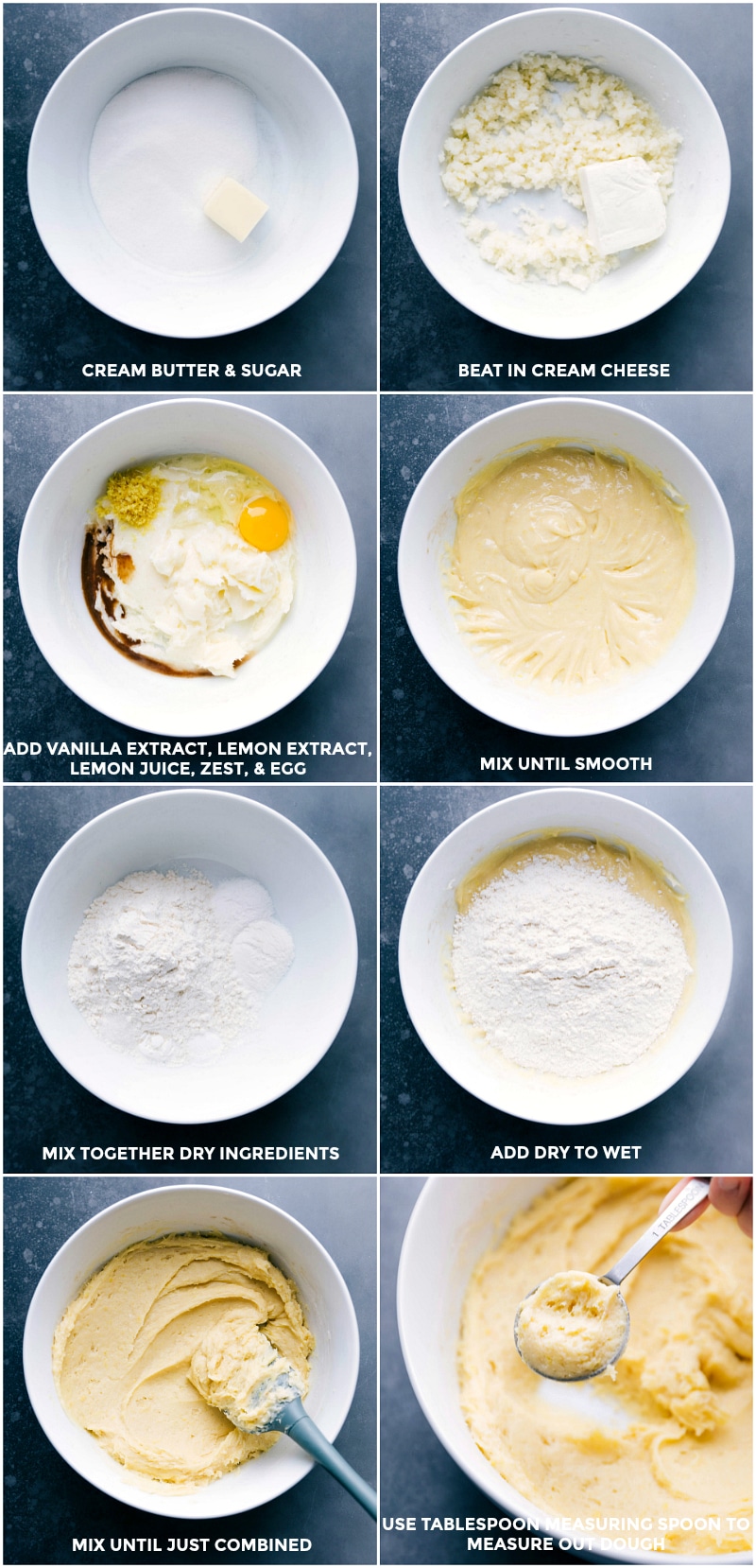 Making Lemon Cheesecake Cookies: Mixing Ingredients and Measuring Dough Creaming butter and sugar, beating in cream cheese, adding vanilla, zest, and egg, mixing until smooth, combining dry ingredients, adding to wet ingredients, and measuring out the dough with a tablespoon.