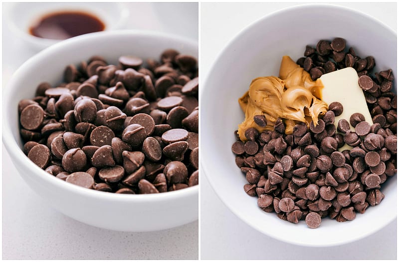 These Muddy Buddies (also called Puppy Chow) are the best easy treat. There's no baking required and only aย few ingredients!ย Recipe via ChelseasMessyApron.com #muddybuddies #puppychow #chex #chocolate #easy #treat #favorite Process shots of creating Muddy Buddies -- melting the chocolate, peanut butter, and butter.