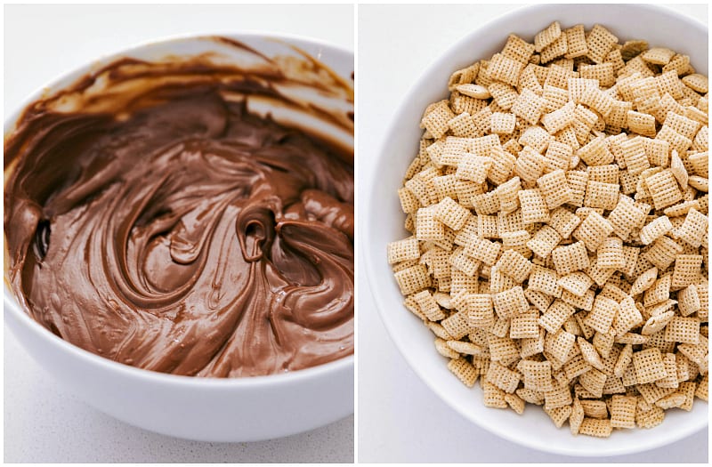 These Muddy Buddies (also called Puppy Chow) are the best easy treat. There's no baking required and only aย few ingredients!ย Recipe via ChelseasMessyApron.com #muddybuddies #puppychow #chex #chocolate #easy #treat #favorite Melted chocolate mixture and Chex cereal prepped out.