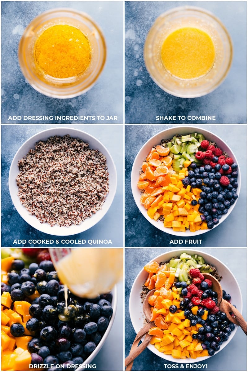 This fresh and lively Quinoa Fruit Salad Dressing being made; the quinoa being added to a bowl; and all the fruit being added on top.