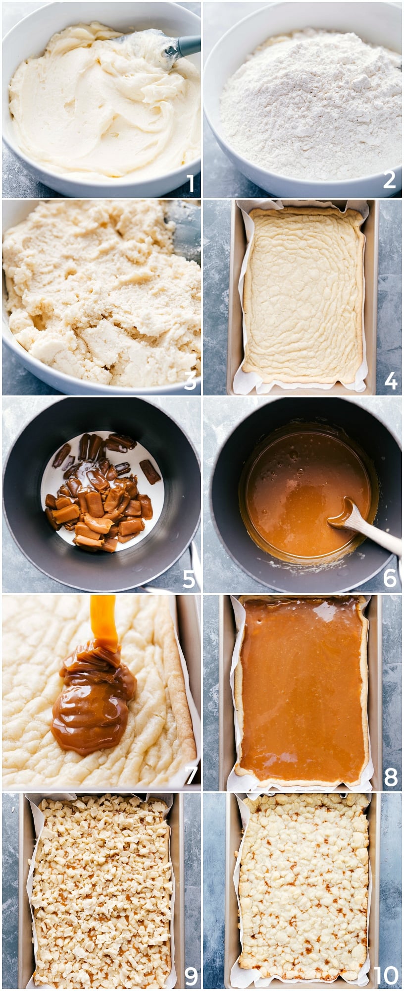 Making Caramel Cookie Bars Step by Step Making the delicious salted caramel cookie bars from start to finish, including preparing dough, layering with caramel, baking, and slicing into bars.