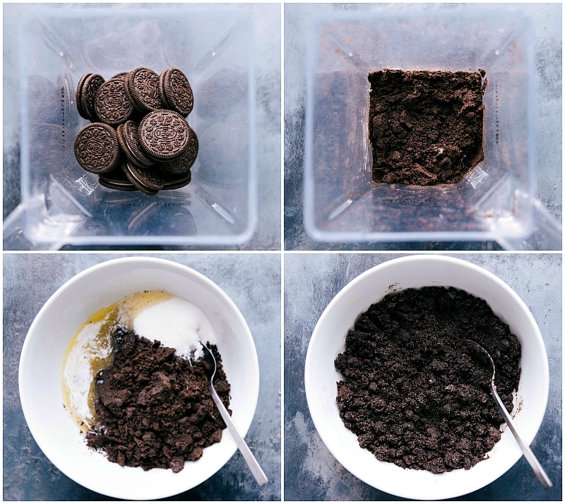 Creating a Crunchy Oreo Crust from Blended Oreos and Complementary Ingredients Oreos being blended into fine crumbs and combined with other ingredients to form the crust.
