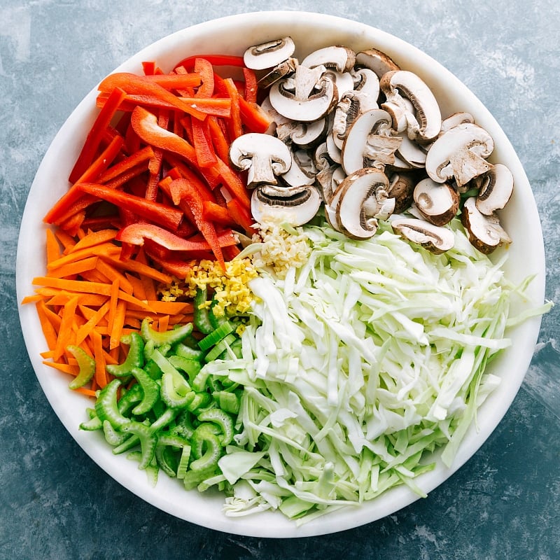Prepped Veggies in a Bowl - Ingredients for the Chow Mein A bowl of freshly chopped vegetables ready to be used in the meal.