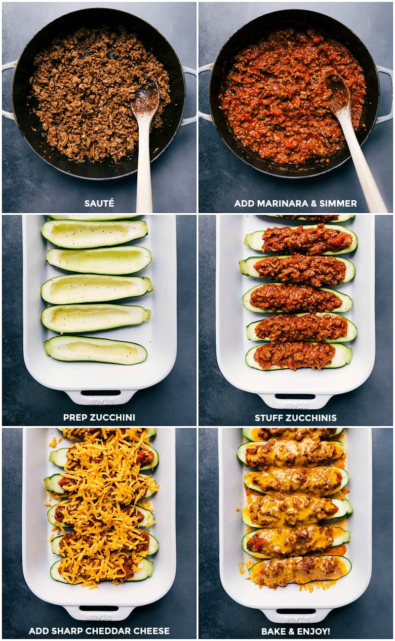 Stuffed Zucchini Recipe Steps: Sautéing, Simmering, Stuffing, and Baking Sautéed sausage and seasonings, marinara sauce simmering, zucchini preparation, stuffing zucchini with meat mixture, topping with cheddar cheese, and baking.