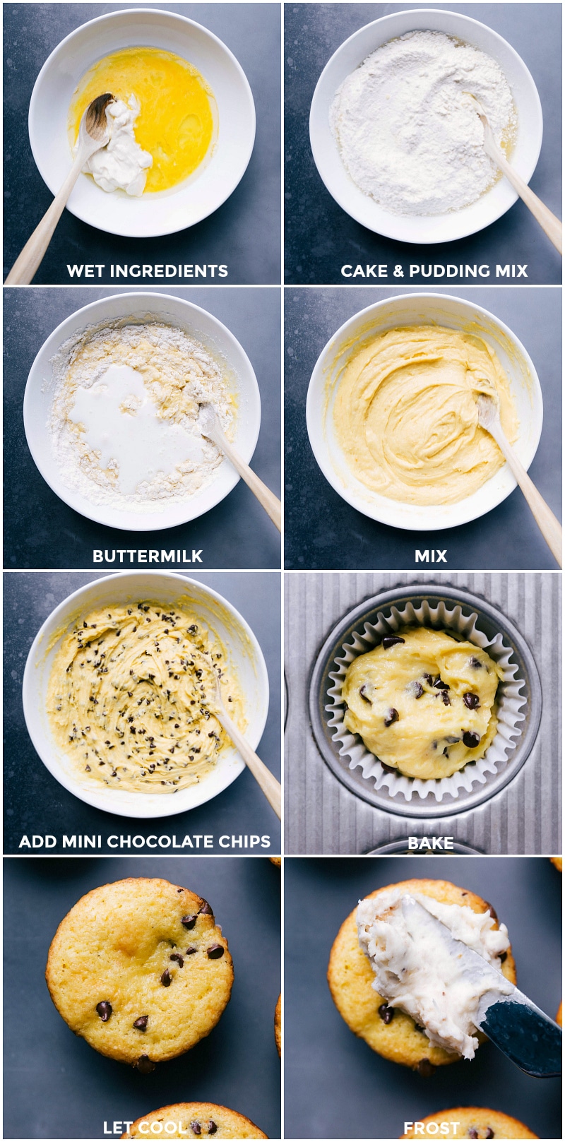 Chocolate Chip Cupcake Making Steps: Mixing, Baking, and Frosting Preparation of the chocolate chip cupcake recipe, from mixing wet ingredients to stirring in buttermilk, adding chocolate chips, spooning batter, baking, cooling, and frosting with cream cheese.