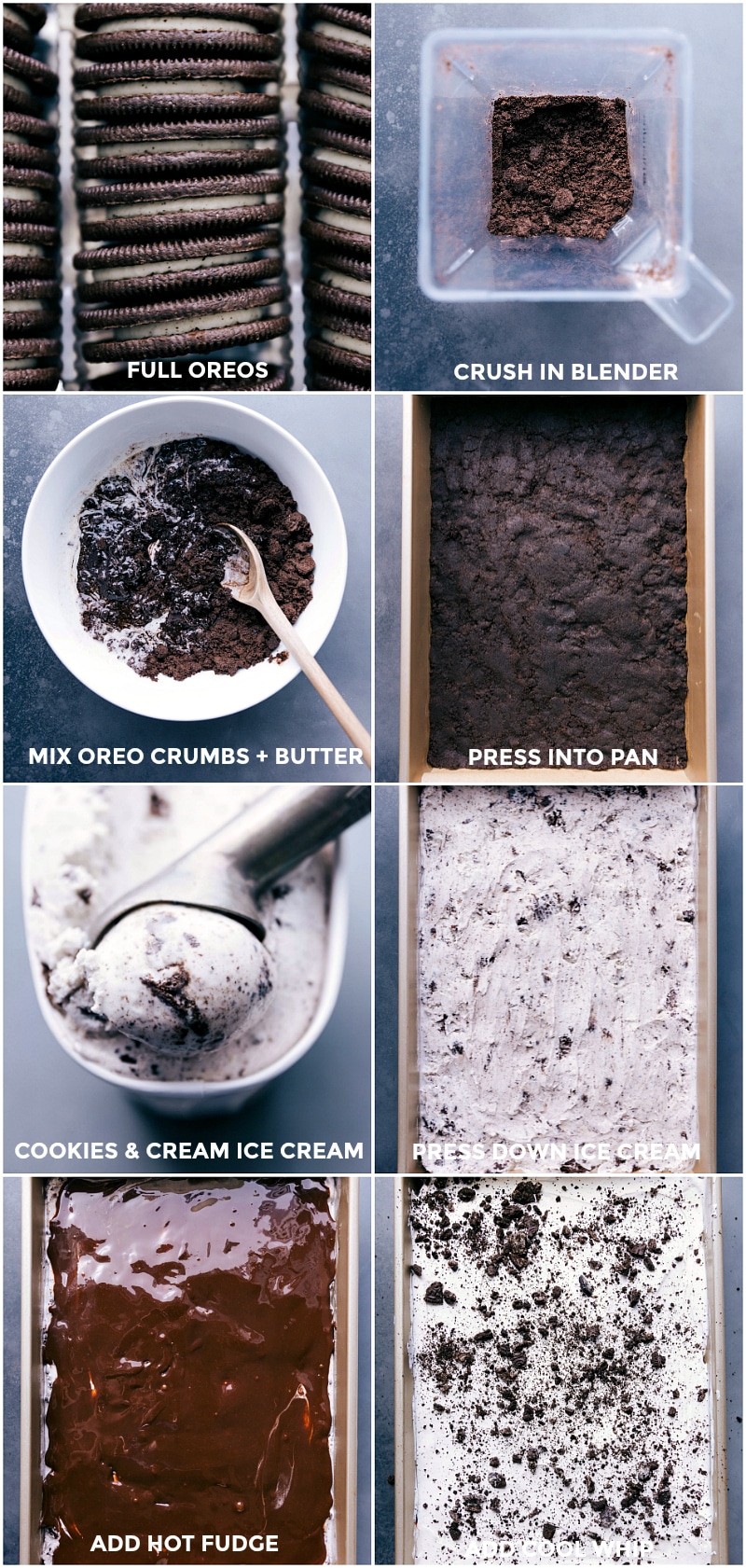 Creating Indulgence: Step-by-Step Layering of Oreo Ice Cream Cake with Fudge and Whipped Cream Toppings Layers of oreo crust, ice cream, rich fudge, and whipped cream being assembled for the oreo ice cream cake recipe.