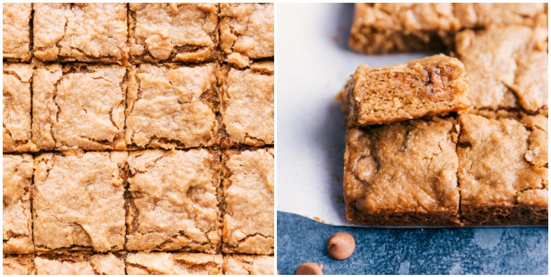 These deliciousย peanut butter banana bars are made with overripe bananas, peanut butter, and honey -- no butter, oil, or white flour needed. These fudge-like, chewy bars can be made in one bowl and don't require any stops to a special health foods grocery store. Recipe via chelseasmessyapron #dessert #best #quick #easy #simple #healthy #whole #clean #baked #peanutbutter #banana #bars Image of the peanut butter banana bars cut into squares